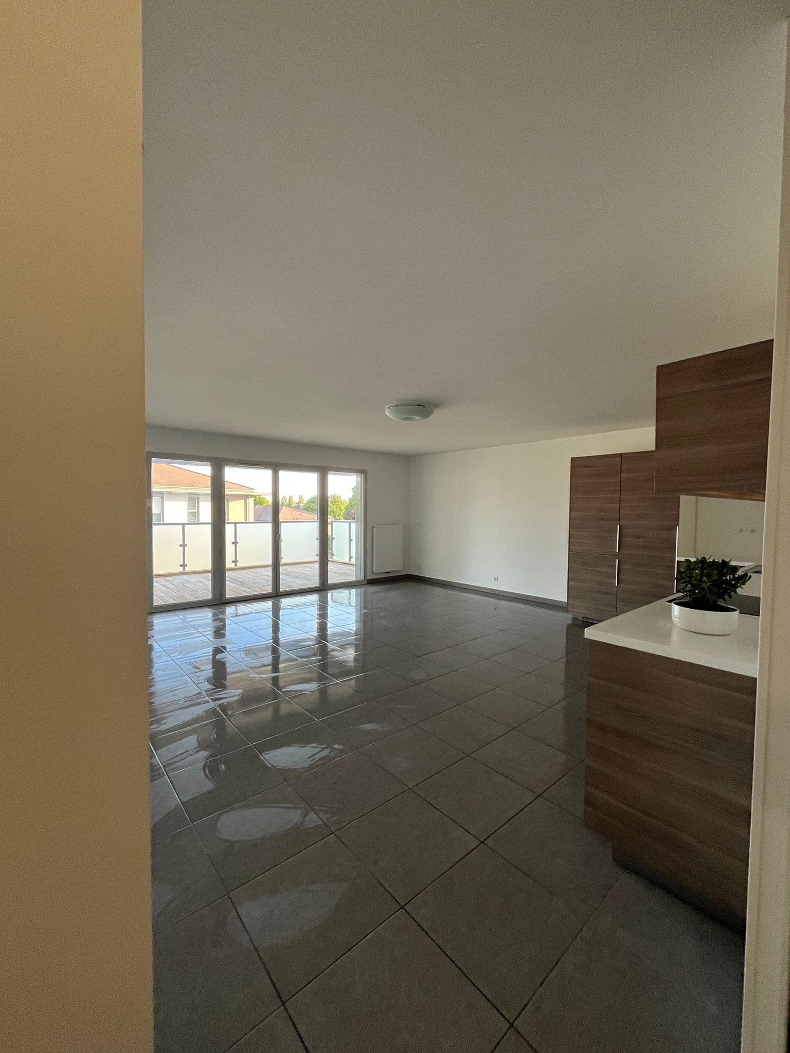 Vue d'ensemble séjour et cuisine ouverte depuis l'entrée